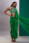 Buy_Preeti S Kapoor_Green Dupion Embroidered Mirror Round Draped Saree With Scallop Blouse _at_Aza_Fashions