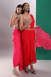 Buy_Preeti S Kapoor_Pink Georgette, Dupion Mirror, Pearl V Neck Draped Saree With Work Blouse _Online_at_Aza_Fashions