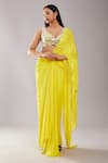 Buy_Preeti S Kapoor_Yellow Dupion Embroidered Mirror V Neck Draped Saree With Sleeveless Blouse _at_Aza_Fashions