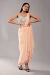 Buy_Preeti S Kapoor_Peach Dupion Embroidered Mirror V Neck Draped Saree With Work Blouse _at_Aza_Fashions