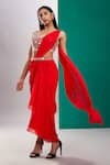 Preeti S Kapoor_Red Dupion Embroidered Mirror V Neck Draped Saree With Scallop Blouse _Online_at_Aza_Fashions