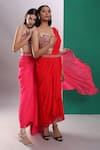 Shop_Preeti S Kapoor_Red Dupion Embroidered Mirror V Neck Draped Saree With Scallop Blouse _Online_at_Aza_Fashions