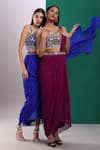 Buy_Preeti S Kapoor_Purple Dupion Embroidered Mirror V Neck Draped Saree With Sleeveless Blouse _Online_at_Aza_Fashions