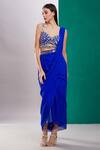 Buy_Preeti S Kapoor_Blue Dupion Embroidered Mirror Sweetheart Neck Draped Saree With Cutout Blouse _at_Aza_Fashions