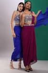 Buy_Preeti S Kapoor_Blue Dupion Embroidered Mirror Sweetheart Neck Draped Saree With Cutout Blouse _Online_at_Aza_Fashions