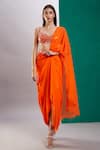 Buy_Preeti S Kapoor_Orange Dupion Embroidered Mirror Leaf Neck Draped Saree With Work Blouse _at_Aza_Fashions