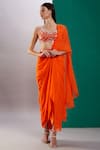 Shop_Preeti S Kapoor_Orange Dupion Embroidered Mirror Leaf Neck Draped Saree With Work Blouse _at_Aza_Fashions