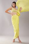 Buy_Preeti S Kapoor_Yellow Dupion Embroidered Mirror Leaf Neck Draped Saree With Work Blouse _at_Aza_Fashions