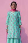 Shop Pita Nila Green Raw , Chanderi, Organza V Neck Printed Kurta Set at Aza Fashions Shop_Pita Nila_Green Raw , Chanderi, Organza V Neck Printed Kurta Set _at_Aza_Fashions