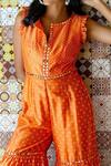 Shop Surily G Orange Chanderi Mirror, Bandhani Round Pattern Jumpsuit at Aza Fashions Shop_Surily G_Orange Chanderi Mirror, Bandhani Round Pattern Jumpsuit_at_Aza_Fashions