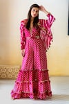 Buy_Surily G_Pink Chanderi Embroidered Bandhani V Neck Pattern Jumpsuit  _at_Aza_Fashions