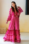 Surily G_Pink Chanderi Embroidered Bandhani V Neck Pattern Jumpsuit  _Online_at_Aza_Fashions