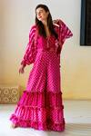 Buy_Surily G_Pink Chanderi Leheriya, Mirror Open Pattern Cape_at_Aza_Fashions