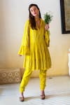 Buy_Surily G_Yellow Cotton Embroidered Cutwork V Neck Bell Sleeve Tunic  _at_Aza_Fashions