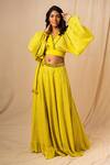 Buy_Surily G_Yellow Cotton Cutwork, Mirror V Neck Crop Top _at_Aza_Fashions