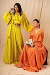 Shop_Surily G_Yellow Cotton Cutwork, Mirror V Neck Crop Top _Online_at_Aza_Fashions