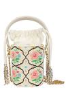 Shop_The Leather Garden_White Embroidery Poppy Beaded Bucket Bag With Sling_at_Aza_Fashions