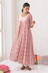Shop_Negra Elegante_Pink Organza, Cotton Silk Digital Print, Mirror Work Square Peony Anarkali Set _Online_at_Aza_Fashions