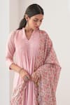 Shop_Negra Elegante_Pink Cotton Silk Hand Embroidered Mirror Work Peony Printed Kurta Set  _Online_at_Aza_Fashions