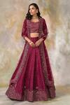 Pooja Peshoria_Purple Raw Silk, Net Boat Embroidered Bridal Lehenga Set _Online_at_Aza_Fashions