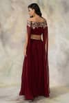 Shop_Pooja Peshoria_Maroon Georgette Bardot Lehenga With Off Shoulder Crop Top _at_Aza_Fashions