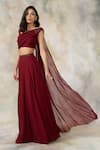 Buy_Pooja Peshoria_Maroon Net, Georgette Asymmetric Embellished Lehenga Set _at_Aza_Fashions