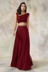 Shop_Pooja Peshoria_Maroon Net, Georgette Asymmetric Embellished Lehenga Set _Online_at_Aza_Fashions