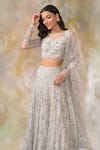 Shop_Pooja Peshoria_Grey Silk Organza Boat Bridal Lehenga Set _Online_at_Aza_Fashions