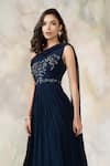 Pooja Peshoria_Blue Georgette Asymmetric Embellished One Shoulder Draped Gown_at_Aza_Fashions