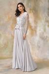 Pooja Peshoria Grey Satin V Neck Embellished Peplum Top And Palazzo Set Online at Aza Fashions Pooja Peshoria_Grey Satin V Neck Embellished Peplum Top And Palazzo Set _Online_at_Aza_Fashions