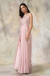 Pooja Peshoria_Pink Satin Boat Embellished Saree Gown _Online_at_Aza_Fashions