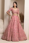 Pooja Peshoria_Pink Embroidery Cutdana Leaf Neck Floral Bridal Lehenga Set _Online_at_Aza_Fashions