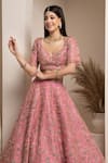 Pooja Peshoria_Pink Embroidery Cutdana Leaf Neck Floral Bridal Lehenga Set _at_Aza_Fashions