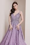 Pooja Peshoria_Purple Embroidery Cutdana V Neck Strappy Gown _at_Aza_Fashions