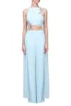 Buy_Masumi Mewawalla_Blue Cotton Satin Round Embroidered Crop Top With Palazzo  _at_Aza_Fashions