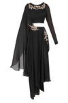 Masumi Mewawalla_Black Satin Georgette Round Embroidered Crop Top With Dhoti Pant  _Online_at_Aza_Fashions