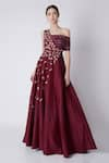 Buy_Masumi Mewawalla_Maroon Dupion Embroidery Asymmetric One Shoulder Flared Gown  _at_Aza_Fashions