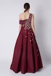 Shop_Masumi Mewawalla_Maroon Dupion Embroidery Asymmetric One Shoulder Flared Gown  _at_Aza_Fashions