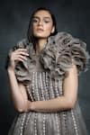 Masumi Mewawalla_Brown Organza Trapeze Gown With Ruffle Jacket  _at_Aza_Fashions