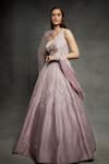 Masumi Mewawalla_Pink Dupion Asymmetric One Shoulder Gown With Embroidered Cape _Online_at_Aza_Fashions