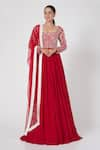 Buy_Masumi Mewawalla_Red Dupion Embroidery Scoop Neck Anarkali With Dupatta  _Online_at_Aza_Fashions