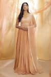 Buy_Masumi Mewawalla_Peach Crepe Embroidery Leaf Neck Anarkali With Dupatta  _at_Aza_Fashions