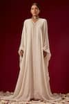 Buy_Masumi Mewawalla_White Satin Organza Embroidery V Neck Kaftan _at_Aza_Fashions