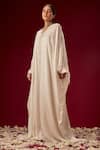 Shop_Masumi Mewawalla_White Satin Organza Embroidery V Neck Kaftan _at_Aza_Fashions