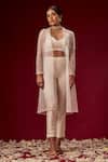 Buy_Masumi Mewawalla_White Organza, Dupion Silk V Neck Jacket And Pant Set_Online_at_Aza_Fashions