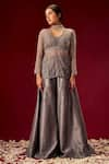 Buy_Masumi Mewawalla_Grey Dupion Silk Embroidery V Neck Organza Top And Pant Set  _at_Aza_Fashions