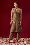 Buy_Masumi Mewawalla_Brown Dupion Silk Embroidery V Neck Kurta And Pant Set  _at_Aza_Fashions