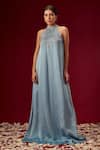 Buy_Masumi Mewawalla_Blue Satin Organza Embroidery Halter Trapeze Gown  _at_Aza_Fashions