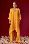 Buy_Masumi Mewawalla_Yellow Satin Organza Embroidery Spread Collar Asymmetric Kurta  _at_Aza_Fashions