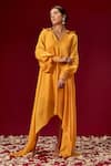 Masumi Mewawalla_Yellow Satin Organza Embroidery Spread Collar Asymmetric Kurta  _Online_at_Aza_Fashions